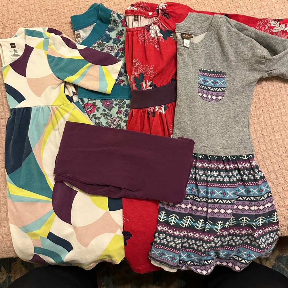 Tea Collection, 5T lot. Four dresses and purple leggings.